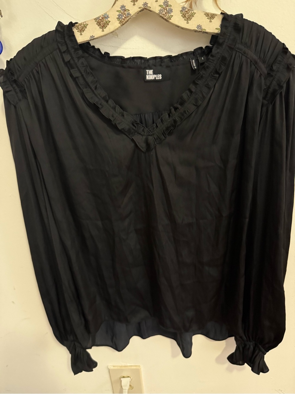 NWT The Kooples Black Ruffle V-Neck Blouse Size 1 S $215 Silk Romantic Blouse